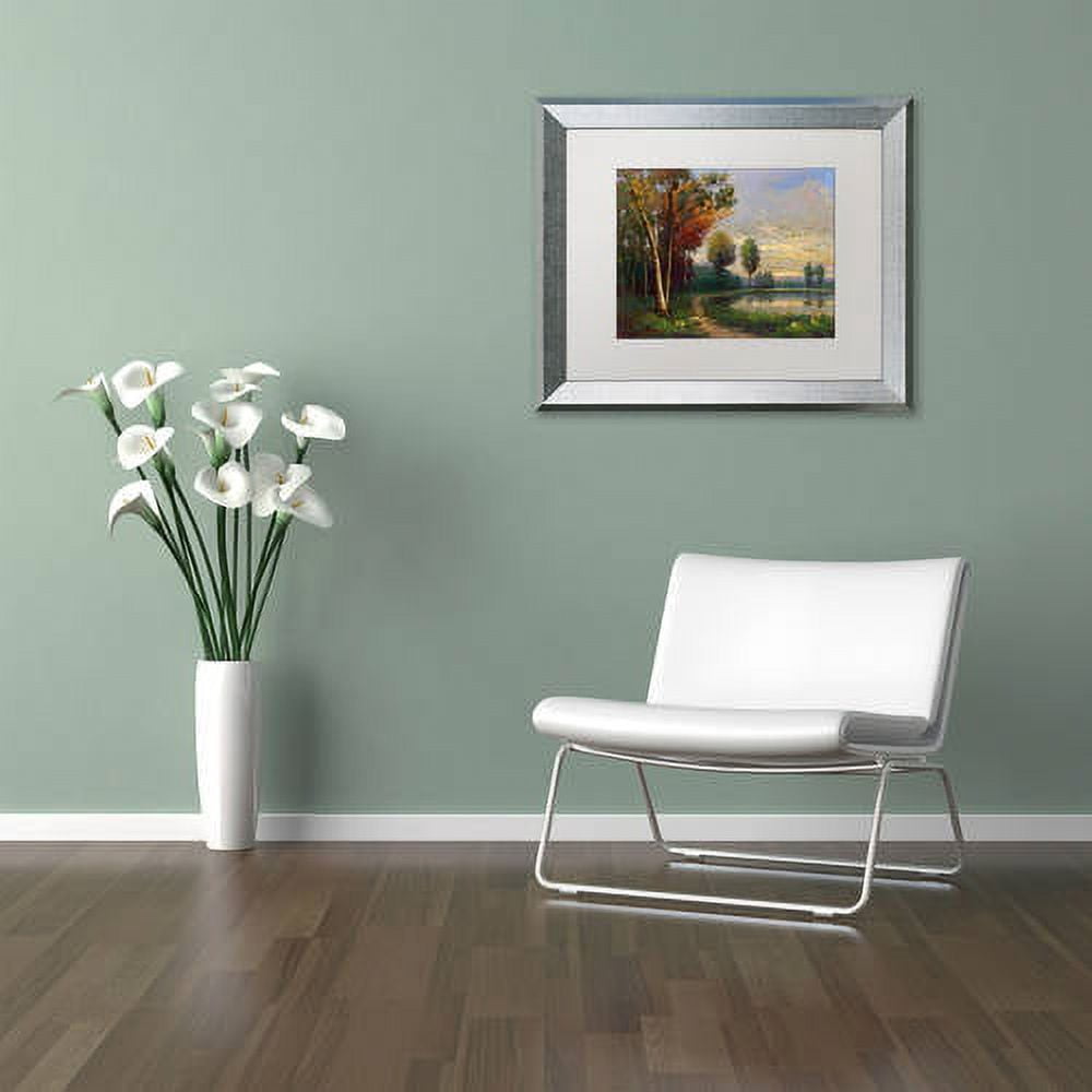 Trademark Fine Art "Landscape with a Lake" Canvas Art by Daniel Moises, White Matte, Silver Frame