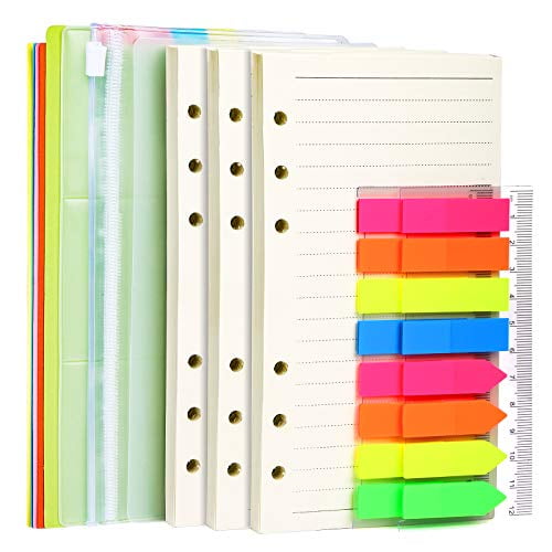 A6 2 Pack A6 Refill Paper,2Pcs Binder Pockets A6 Size 6 Holes,2 Pack 160 Pieces Neon Index Tabs,1 Pcs Ruler Clear Page Marker,Refillable Lined Craft Paper Set for 6-Hole Binder Notebook 