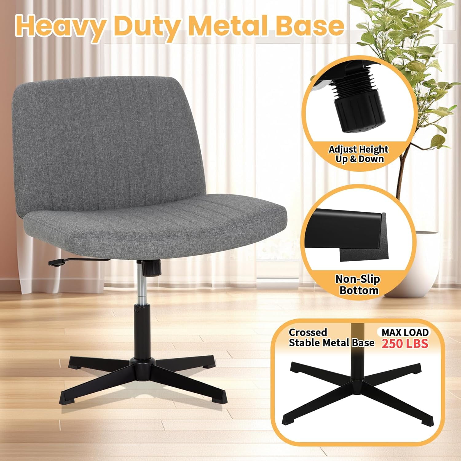 XF XINFENG Criss Cross Task Chair Armless No Wheels Modern Swivel Height Adjustable 250lb Capacity  Ergonomic Desk With Wide Seat Back Computer Vanity Home Office Chairs, Grey