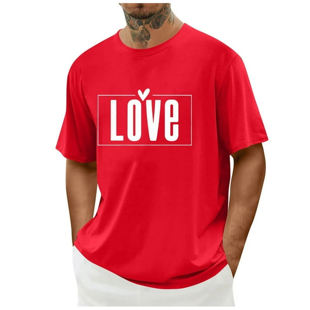 Tops para hombre, blusas y camisas de cuello redondo y manga corta para hombre. Camiseta/camisa informal de cuello redondo y manga corta con estampado de corazones para hombre. Tops de poliéster para