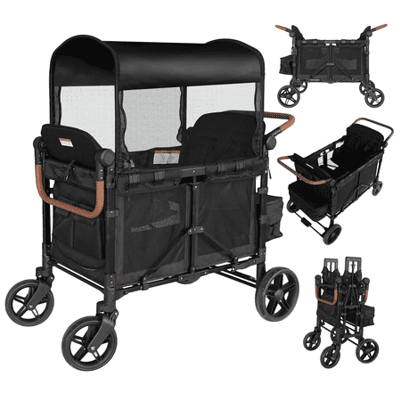 Touheart Wagon Stroller for 4 Kids with Adjustable Canopy, 5-Point Harnesses, Removable Seats, Black