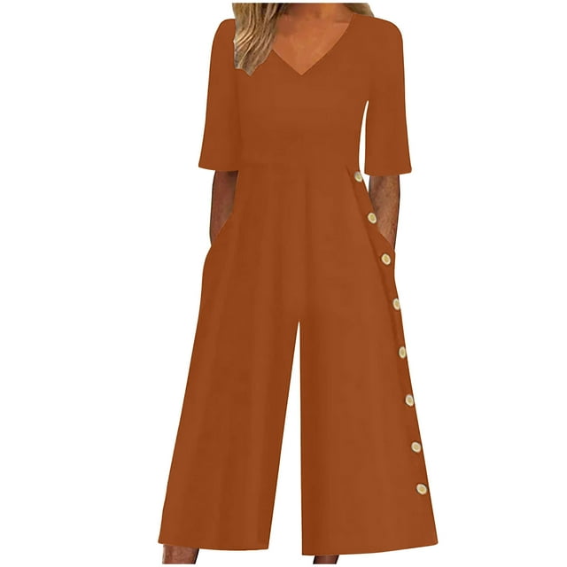 Yuyuzo Womens Wide Leg Jumpsuits Short Sleeve V Neck Casual Loose Comfy Button Split Rompers with Pockets