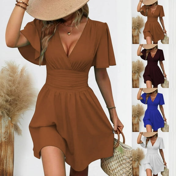 ZZwxWA Womens Wrap V Neck Flounce Short Sleeve Ruched High Waist Flared A Line Short Summer Dresses