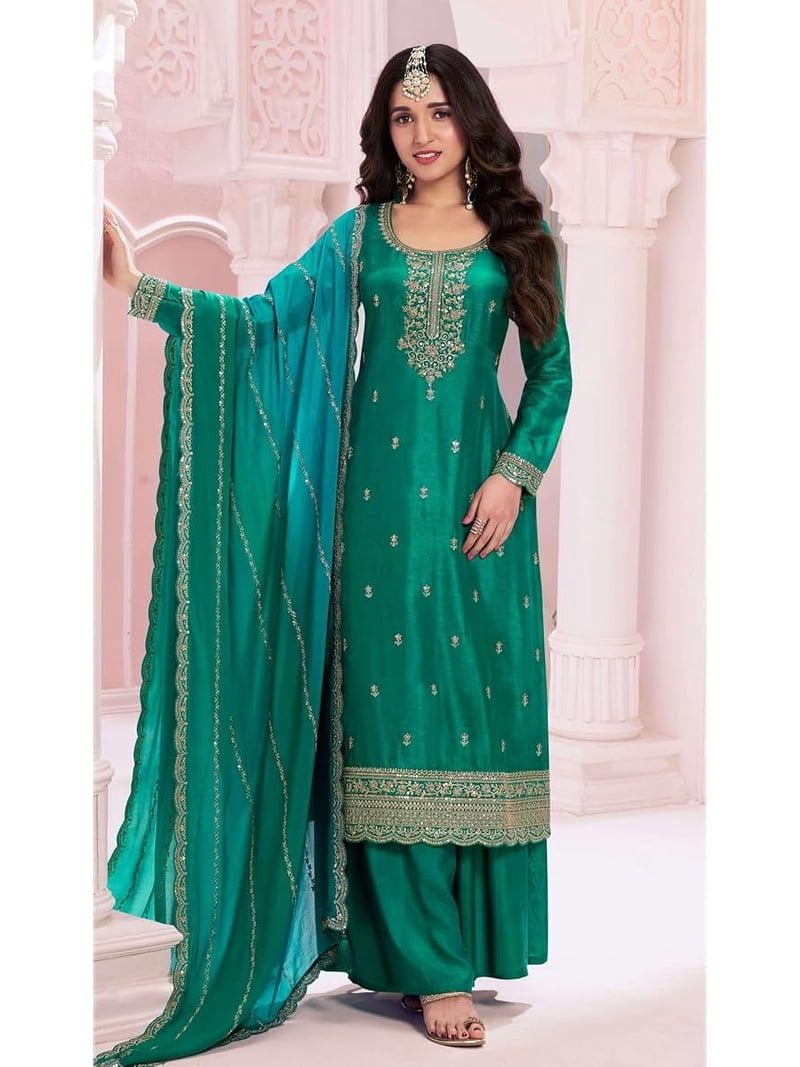 palazzo pant dress design STYLISHFASHION Wedding Party Wear Designer Palazzo Pant Dress Pakistani Indian Ready To Wear Salwar Kameez Suits (Green, XXL