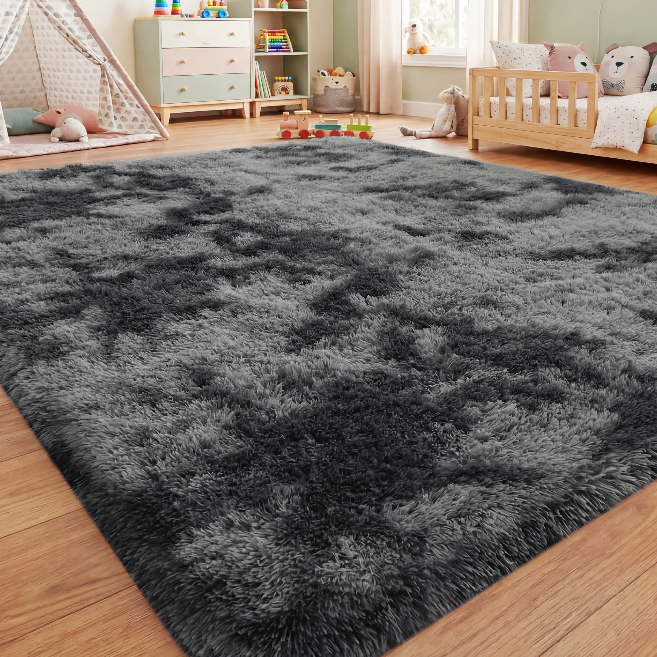 Nefoso Shag Area Rug, 8ft x 10ft Soft Fluffy Tie-Dye Area Rugs for Living Room Bedroom Decor Carpet, Dark Gray