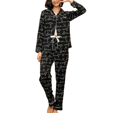 

Lumento Women Loose Bredroom Pajamas Set Casual Drawstring Loungewear Buttoned Lapel Neck Sleepwear