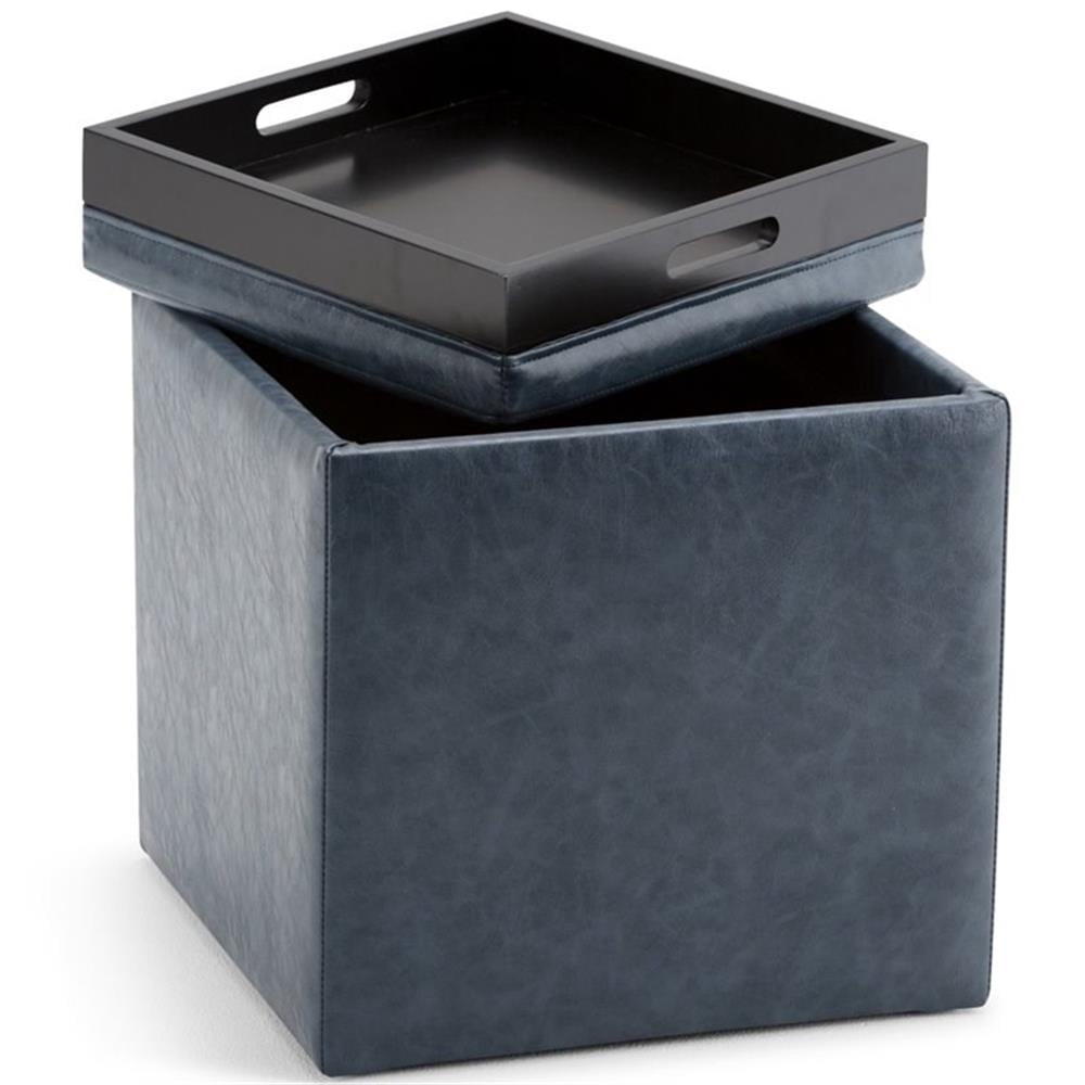 Simpli Home Rockwood 17 inch Wide Contemporary Square Cube Storage Ottoman with Tray in Denim Blue Vegan Faux Leather, Assembled