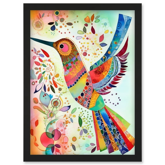 Hummingbird With Multicolour Pattern Feathers Folk Art Watercolour Painting Artwork Framed Wall Art Print A4