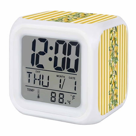 Alarm Clocks Yellow Lemon Stripes Digital Clock 7 Color LED Night Light Silent Non-Ticking Battery Operated Floral Fruit Leaves Cube Clocks Decorative for Bedroom Bedside Living Room Office School
