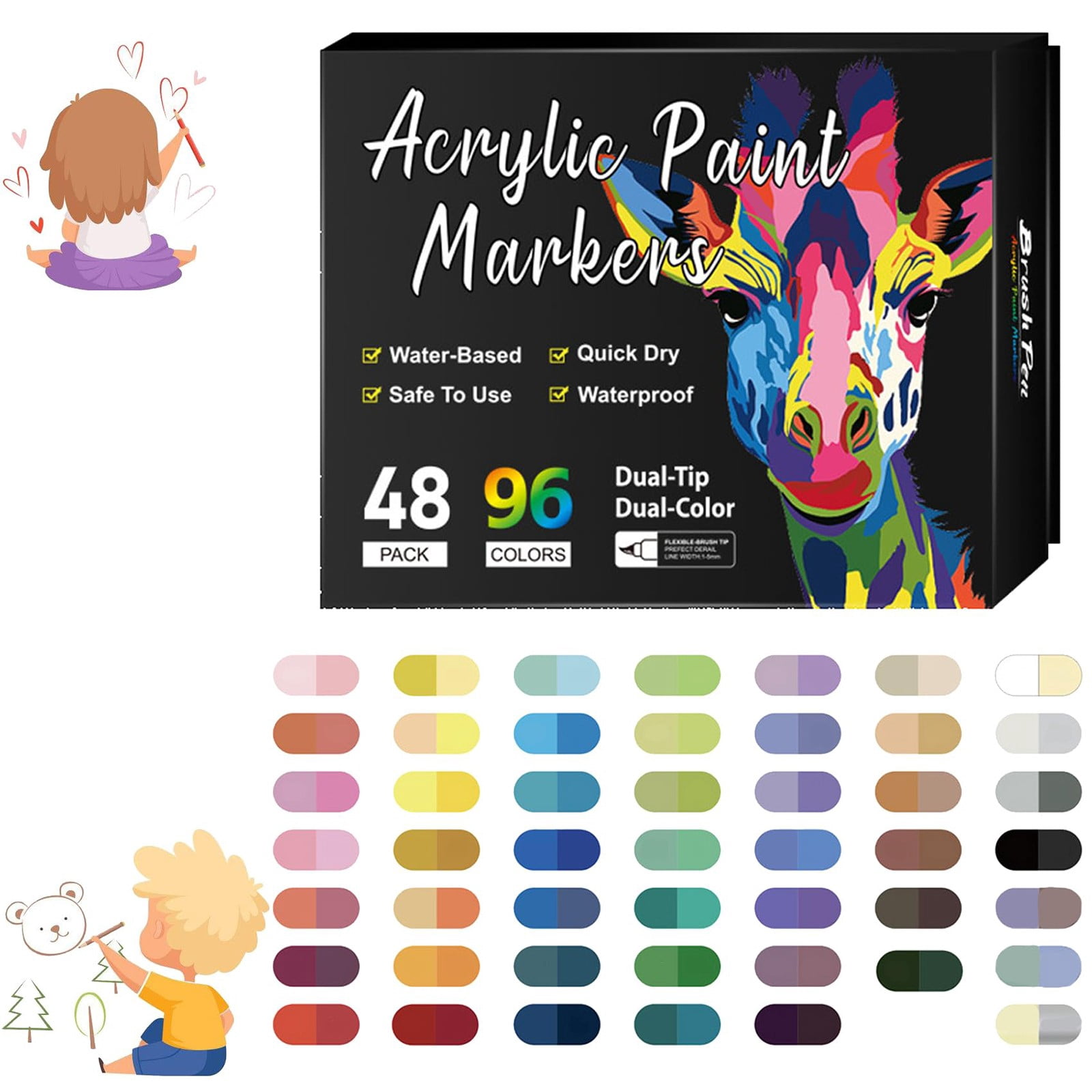 Piwvid 48/96 Pack Fine Tip Acrylic Paint Pens 20ml, Professional Pigmented Markers, Precision DIY Art Tool for Rock, Ceramic, Wood, Canvas & Plastic Crafting
