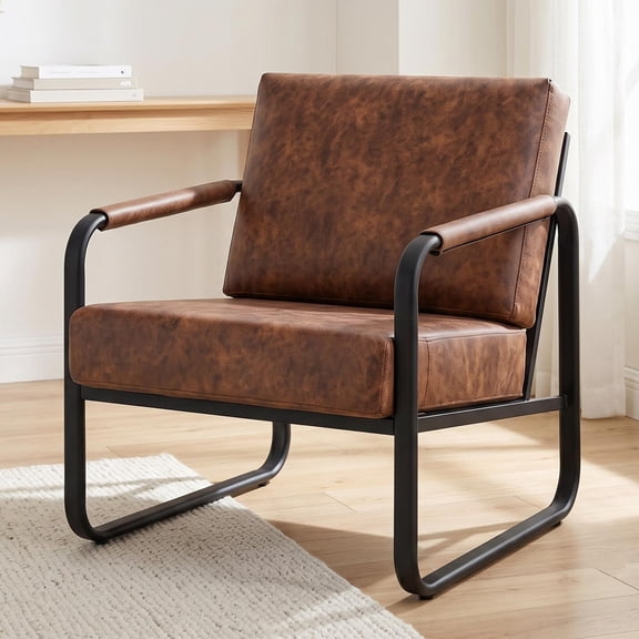 Prilinex Mid-Century Accent Chairs, Metal Framed Armchair with Wide Cushion & Padded Soft Backrest, Faux Leather Reading Chairs for Living Room Bedroom, Brown