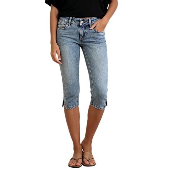 TEAJOPSUU Capri Jeans for Women Mid Rise Roll Hem Straight Leg Denim Pants Casual Summer Button Zipper Stretchy Capris Light Blue