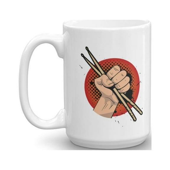 A Hand Holding Drum Sticks Graphic Illustration Art Coffee & Tea Gift Mug, Kitchen Items, Party Favors, Ornament, Novelty Stuff & Cool Cup Gifts For Drummer Boy, Girl And Men & Women Drummers (15oz)