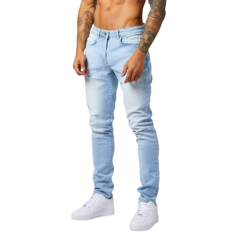 Men Skinny Jeans, Fashion Solid Low-Waist Slim-Fit Denim Pants Streetwear,  Light Blue/Black