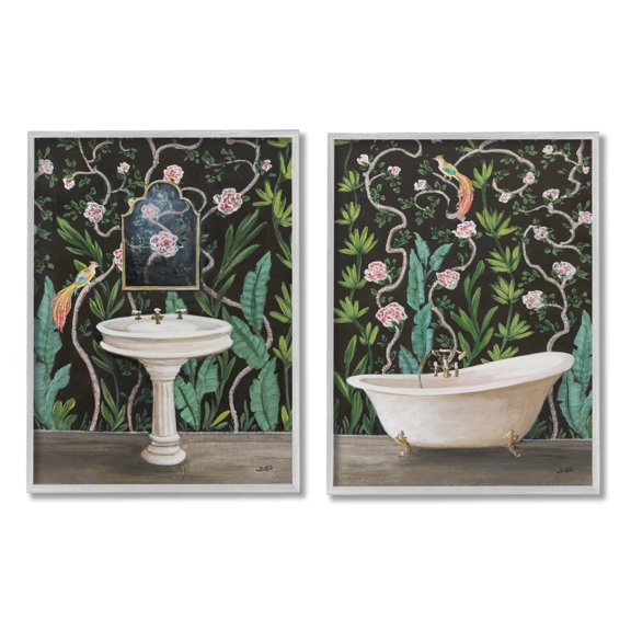 Stupell Industries Tropical Patterned Bathroom Botanical & Floral Painting Gray Framed Art Print Wall Art, 16 x 20, Set of 2