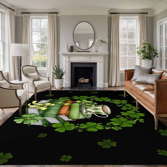 Area Rug for Living Room, St Patrick's Day Non-Slip Indoor Large Carpet for Bedroom/Dining Room, Shamrock Leaf Coffee Cups Books Dark Green Washable Low-Profile Rectangle Floor Runner Rugs - 5 x 7 Ft