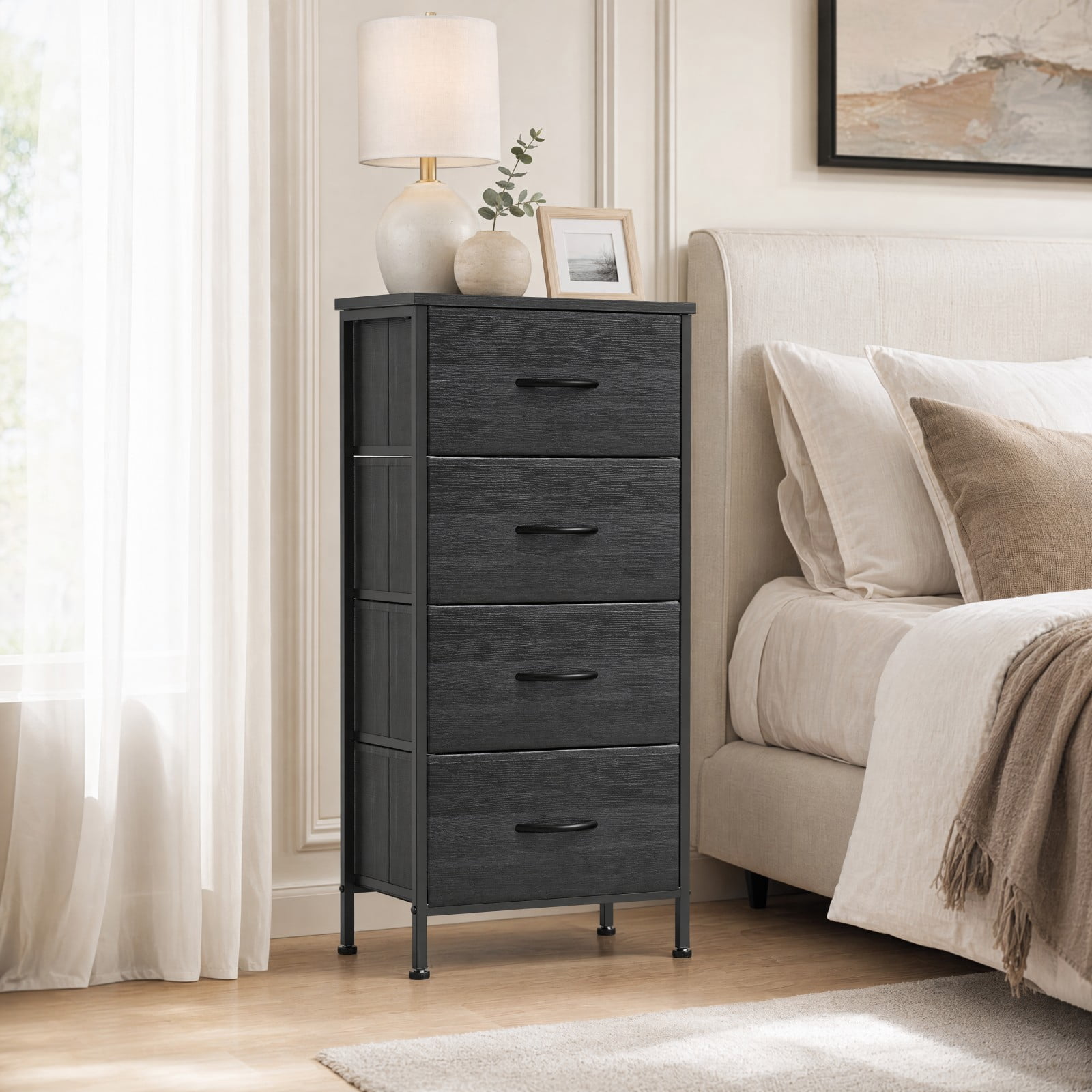 Telyra 4-Drawer Fabric Dresser 37.4" Tall Storage Tower with Wood Top and Steel Frame Narrow Organizer, Black Wood Grain