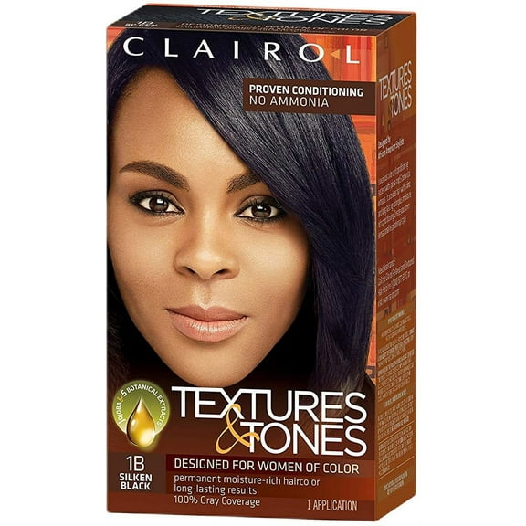 Clairol Textures & Tones Hair Dye Ammonia-Free Permanent Hair Color Creme, 1B Silken Black, 1 Application