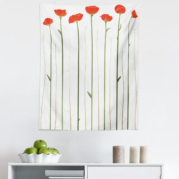 Flower Tapestry, Floral Gardening Theme Image of Poppies Flourishing on Tall Stems for Spring, Fabric Wall Hanging Decor for Bedroom Living Room Dorm, 5 Sizes, Vermilion Green, by Ambesonne