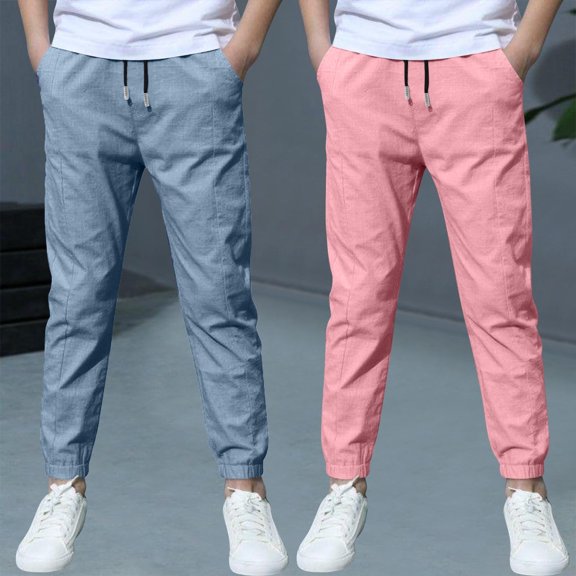 Mifsaly 2 Pack Boys Linen Cotton Jogger Pants Kids Youth Lightweight Casual Pants Solid Anti Mosquito Summer Outdoor Hiking Playwear with Pockets