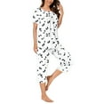 thumbnail image 5 of Jamicy Plus Size Sleepwear Fashion Leaf Print Button Pleated Round Neck Short Sleeve Top Pocket Sports Capris Loose Comfortable Ladies Pajama Set, 5 of 6