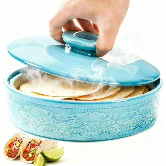 Ceramic Tortilla Warmer with Lid, 8.5 Inch Microwavable Pancake Holder, Aqua Taco Keeper Server Box, Food Storage Container for Mexican Party, Taco Tuesday Night, Dishwasher Oven Safe