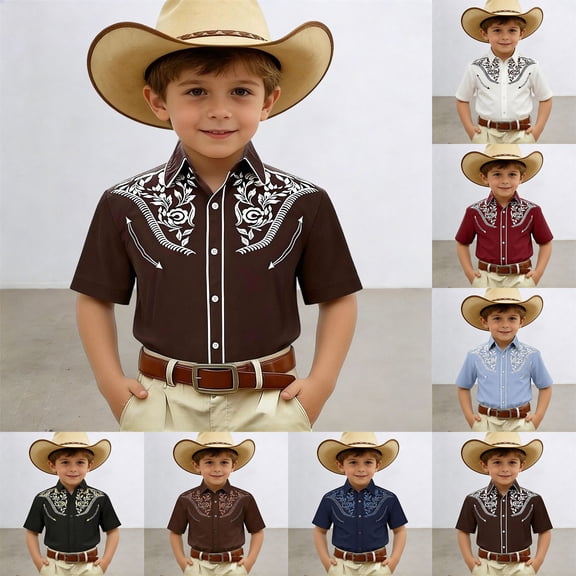 MUXiin Boys Western Shirt Embroidered Pearl Snap Button Down Cowboy Short Sleeve Shirts