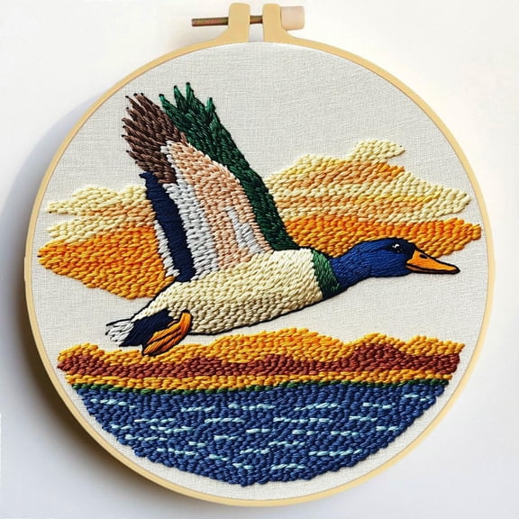 Punch Needle Kits A Flying Mallard under Sunset Embroidery Starter Set with Hoop Easy for Beginners DIY Stress Relief Handmade Craft Hobby and Home Decor 20x20cm-2