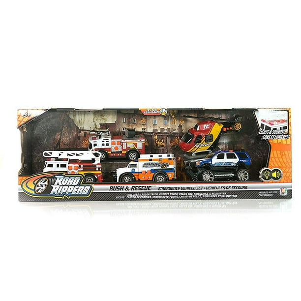 Road Rippers RUSH & RESCUE EMERGENCY VEHICLES Set w LIGHTS & SOUNDS & 5