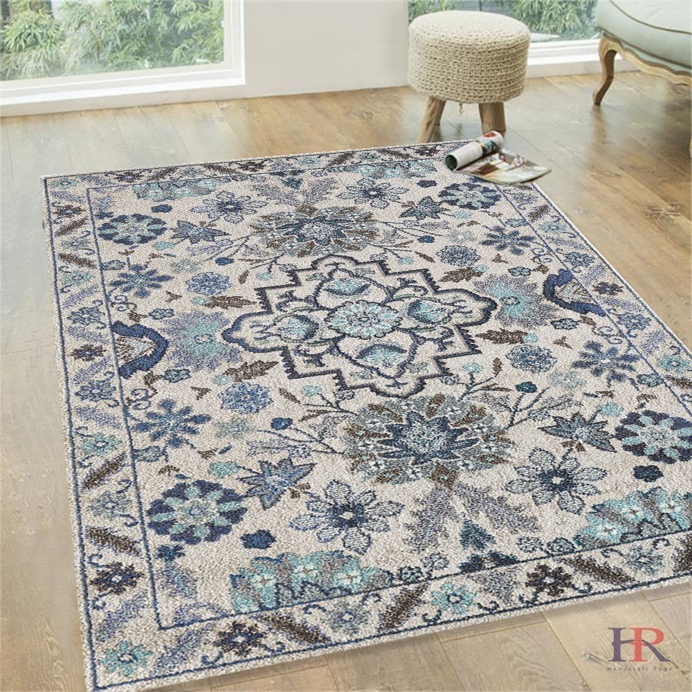 Faded Distressed Tabriz Vintage Persian Area Rug Aqua and Multi