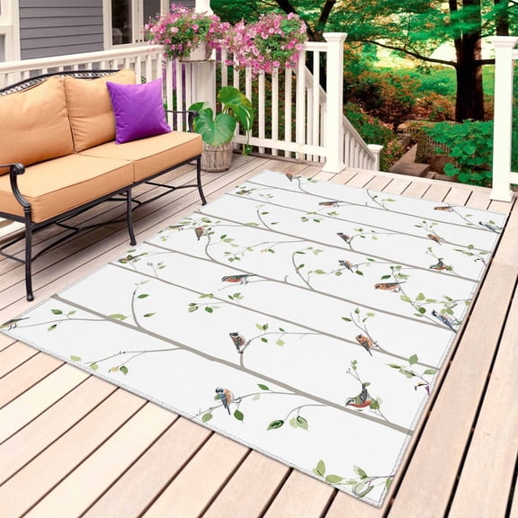 Sparrow Outdoor Rug 5x7 Ft, Non Slip Washable Area Rug, Spring Birds on The Branches Vintage Country Patio Rugs Carpet Runner, Large Floor Mat for Indoor/Outdoor Deck Porch Camping