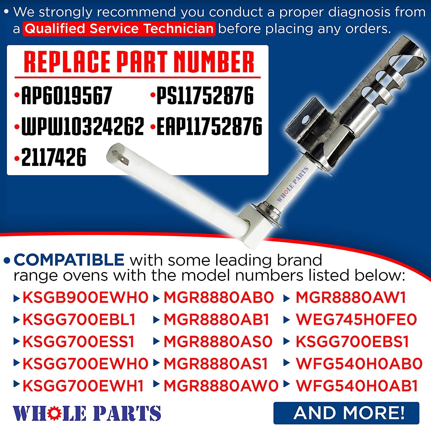 Whole Parts Range Oven Igniter Part # W10324262 - Replacement & Compatible With Some Jenn Air, Kitchen Aid, Maytag and Whirlpool Ranges and Ovens