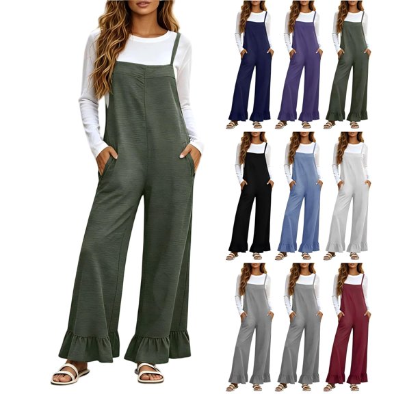 Tqcoqu Women's Adjustable Strap Overalls with Pocket,Solid Casual Loose Wide Leg Jumpsuit Ruffle Hem Suspender Long Pants