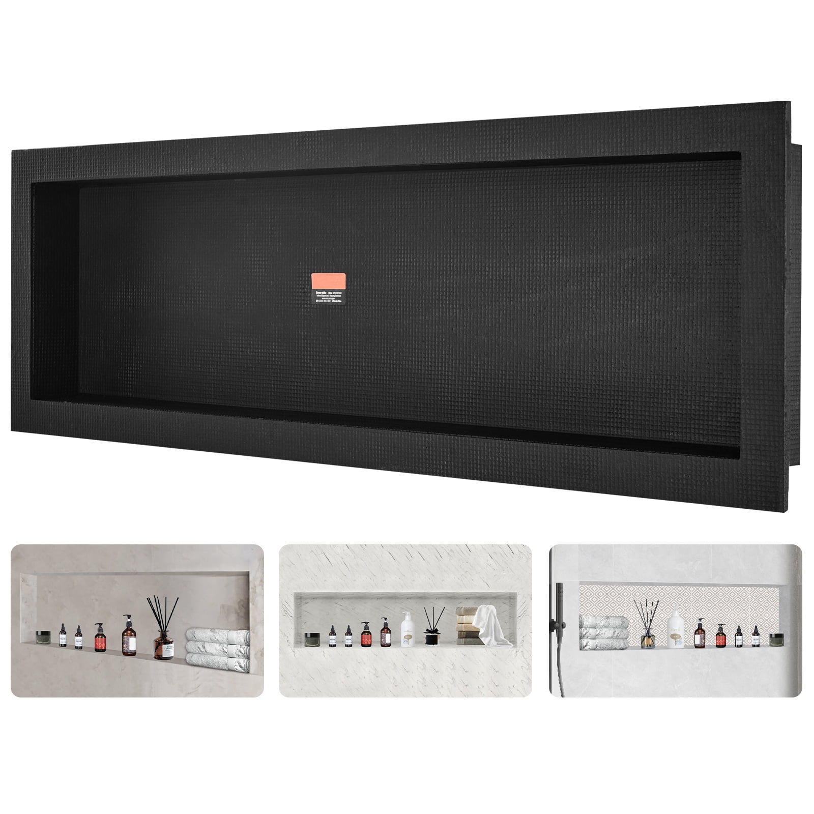 SKYSHALO Tile-Ready Shower Niche, 16" x 50", Single Shelf, Square Corner Design, Wall Recess for Sleek Soap & Shampoo Storage, Sealed for Enhanced Protection, Contemporary Black Finish for Bathrooms