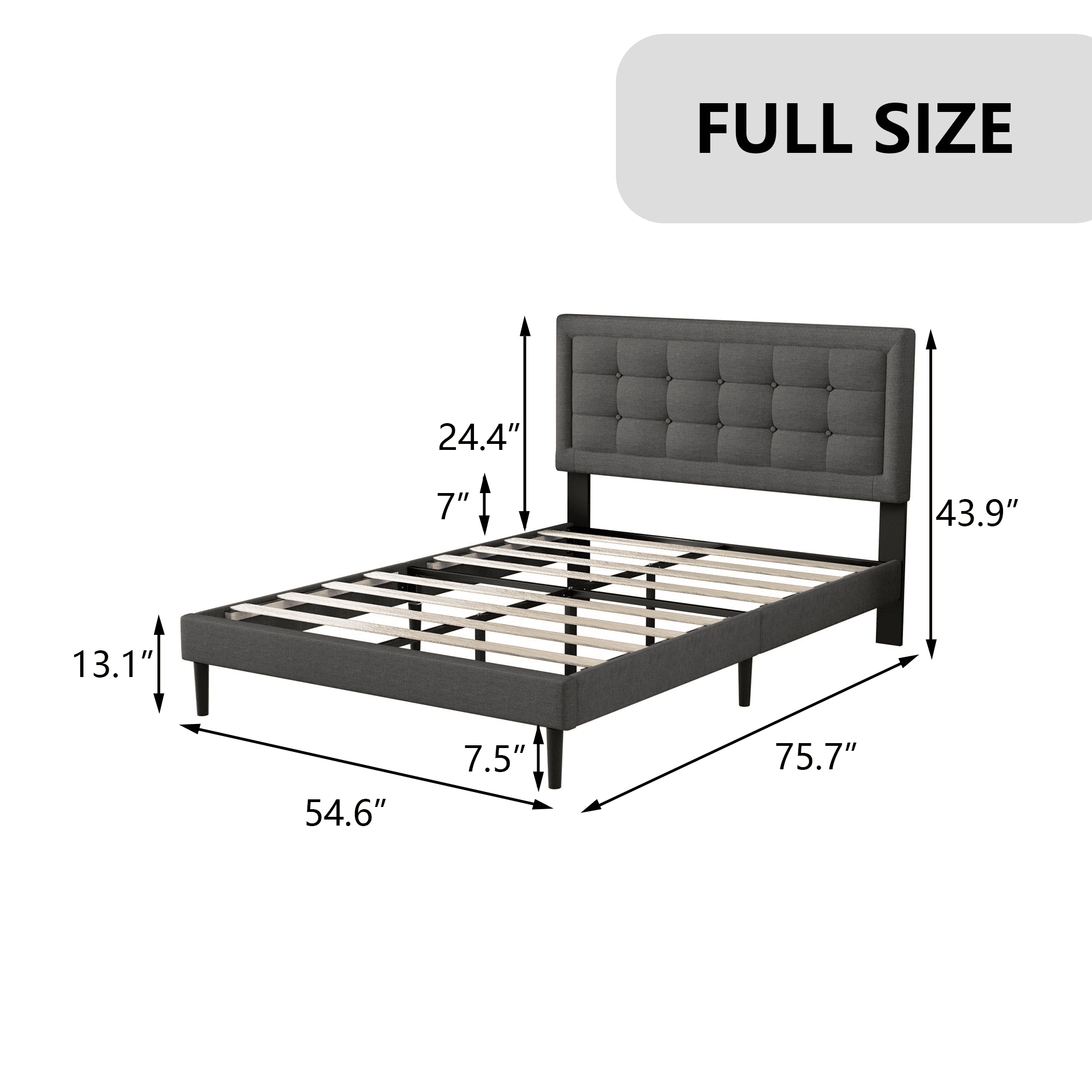 Unizone Full Size Bed Frame with Upholstered Headboard, Modern Tufting Style, Dark Gray