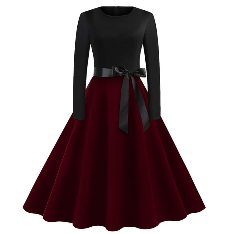 SMihono Long Sleeve Dress for Women Vintage Hepburn Style Swing Dress Color  Block Formal Church Dresses for Cocktail Wine XL - Walmart.com