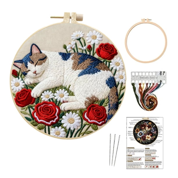 Kit completo de bordado para principiantes, tela, patrones, agujas, hilos, manualidades florales DIY, mindfulness, hobby, decoración del hogar