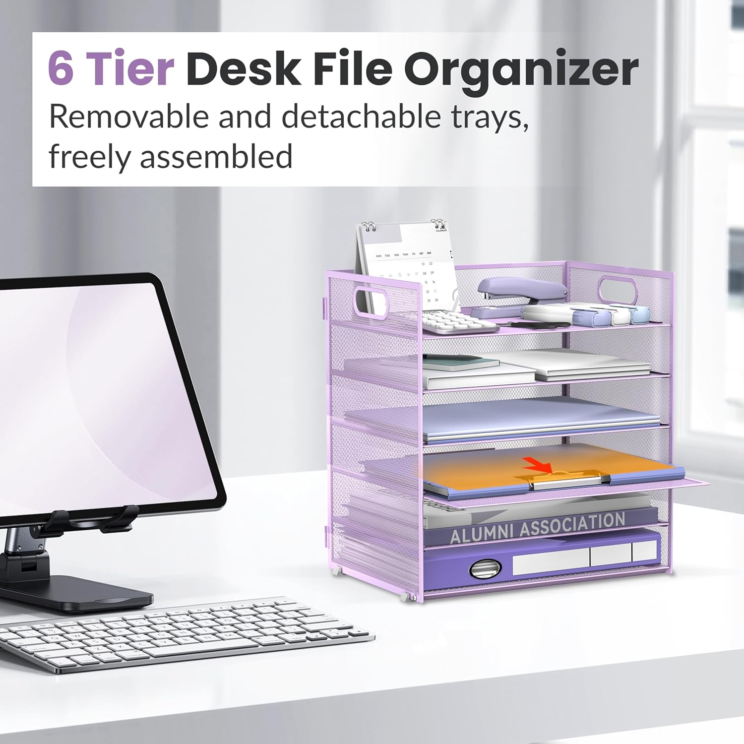 INTIGE 6 Tier Paper Organizer for Desk, Paper Letter Tray Organizer, Metal Mesh Desk File Organizers with Handle for Office/Home