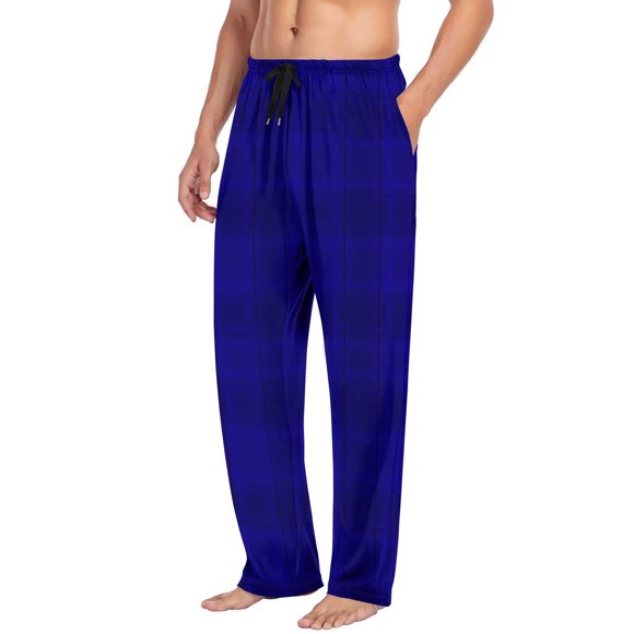 Pxkloy Men Flannel Pajamas Bottoms Lightweight Plaid Pj Straight Leg Drawstring Loungewear Sleep Casual Loose Pajamas with Pockets 2025 Dark Blue,L