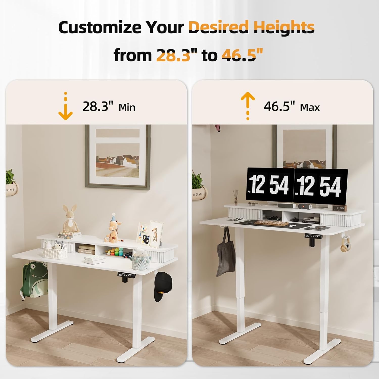 Height Adjustable Electric Standing Desk with Storage Shelves, 48 Inch Table with Built-in Monitor Stand, Sit Stand Desk with 2 Hooks for Home Office, Grey Desktop & Black Frame