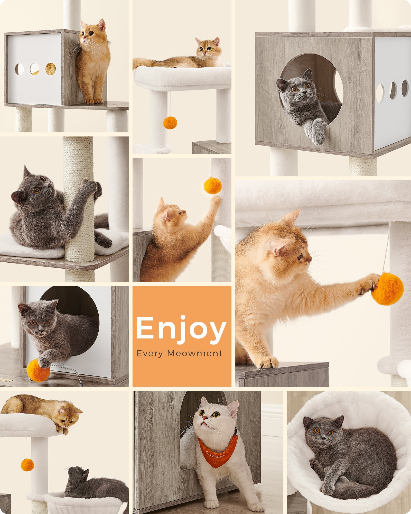 Cat Tree with Litter Box Enclosure - 2-in-1 Modern Cat Tower | 72.8-Inch Tall Condo with Scratching Posts, Perch, Caves, Basket, Washable Cushions, Greige