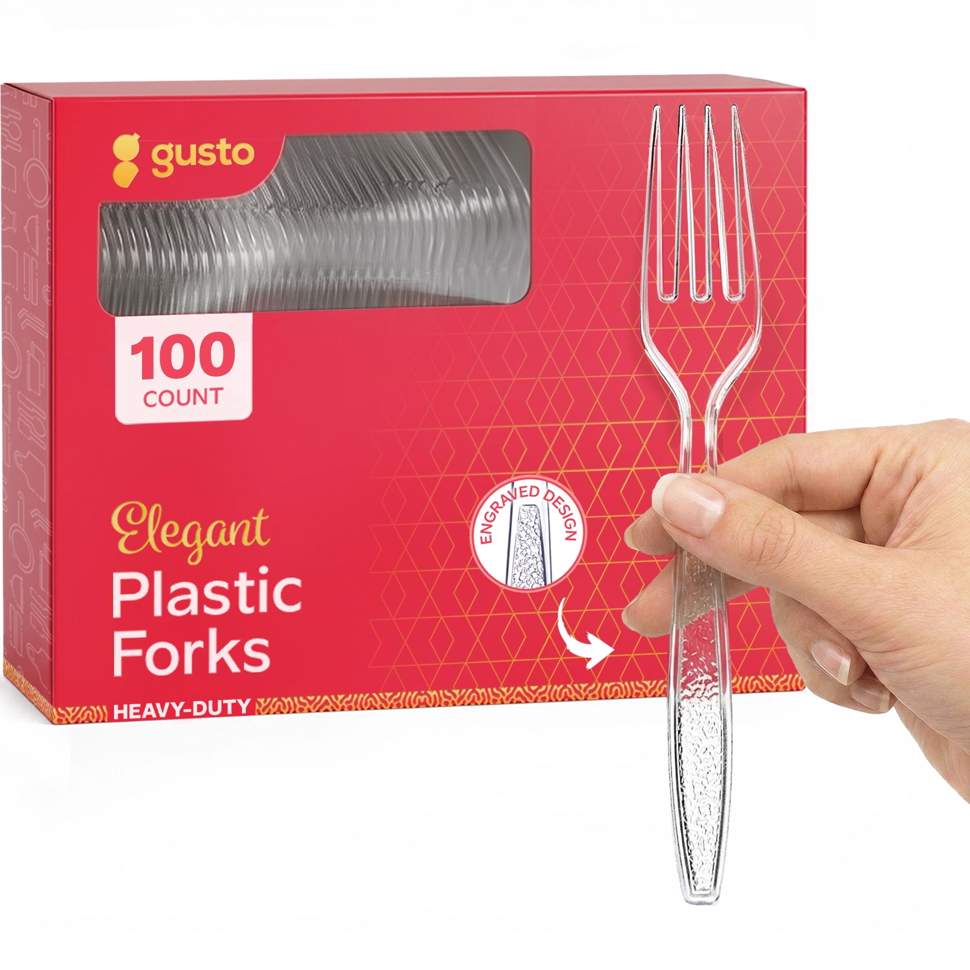 GUSTO Engraved Plastic Forks Disposable Silverware Heavy Duty Cutlery Clear, 100-pack