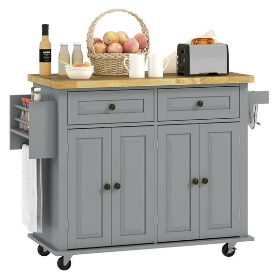 KWUXIN Rolling Kitchen Island with Rubber Wood Top, Spice Rack, Storage Drawers, Mobile Cart for Dining Room, Gray