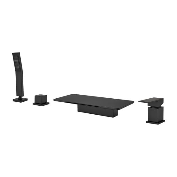 Cobbe Bathroom Bathtub Faucet Set Single Handle with 11.02-Inch Wide Bathtub Spout and Handheld Shower 4-Hole Deck Mount Tub Faucet Matte Black