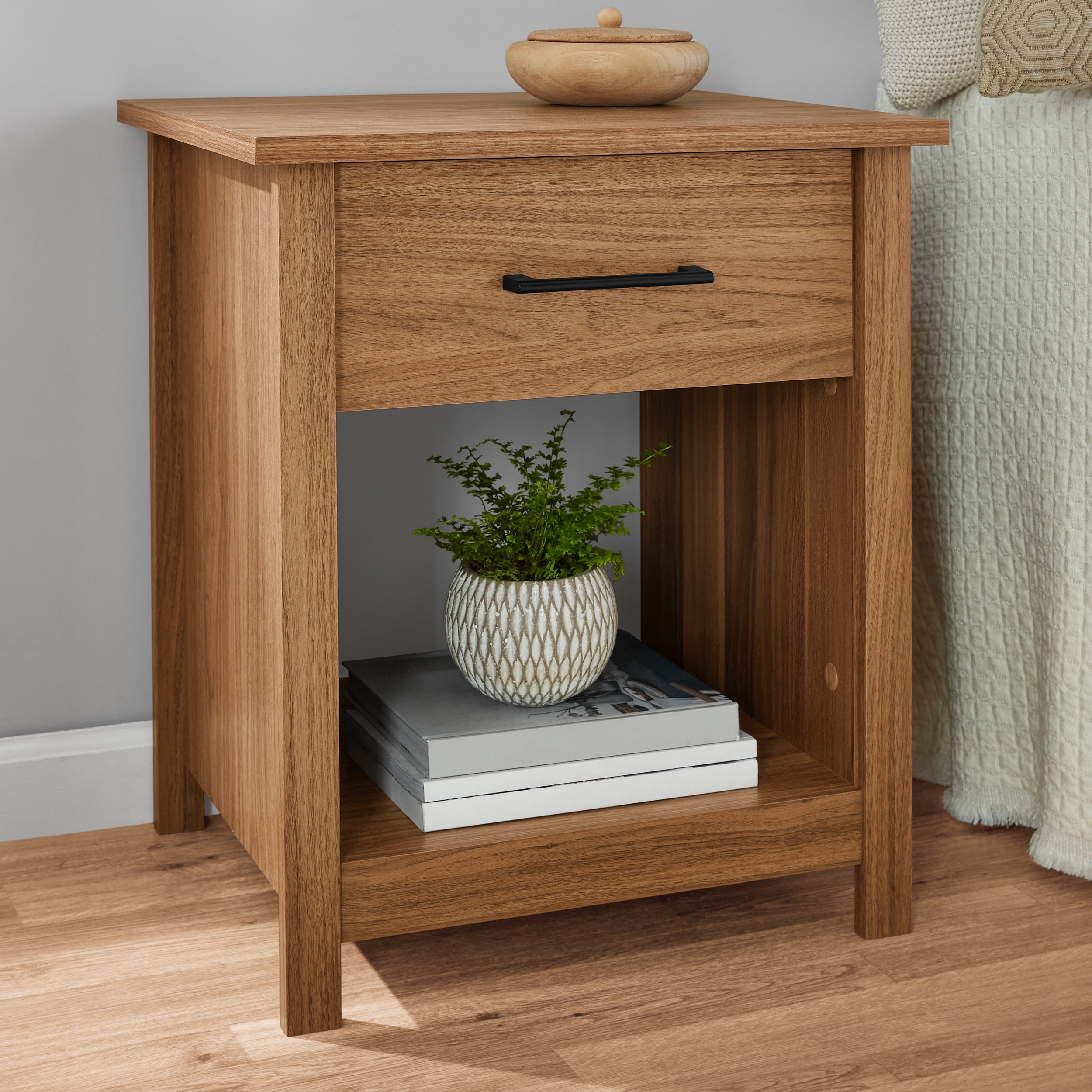(2 pack) Mainstays Hillside Nightstand with 1 Drawer and Open Storage, Warm Walnut Finish