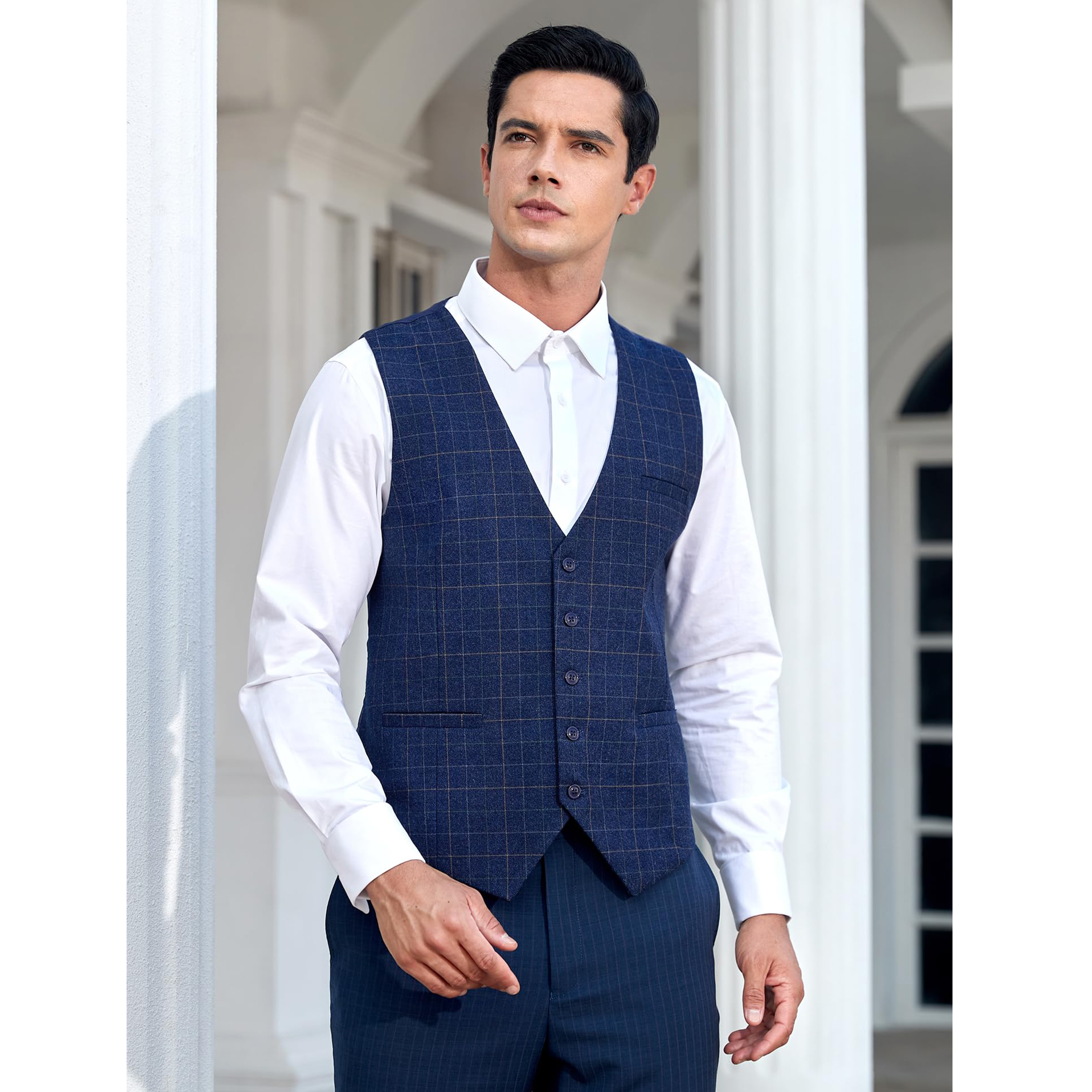 Alberto Cardinali Men’s 3-Piece Slim-Fit Suit – Cool Blue Glen Plaid, 2 Button, Vest Included, Unfinished Inseam