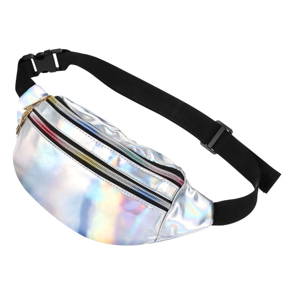 LUOEM 1PC Fashion Holographic PU Leather Shining Fanny Pack Waist Packs for Women Girls (Silver)