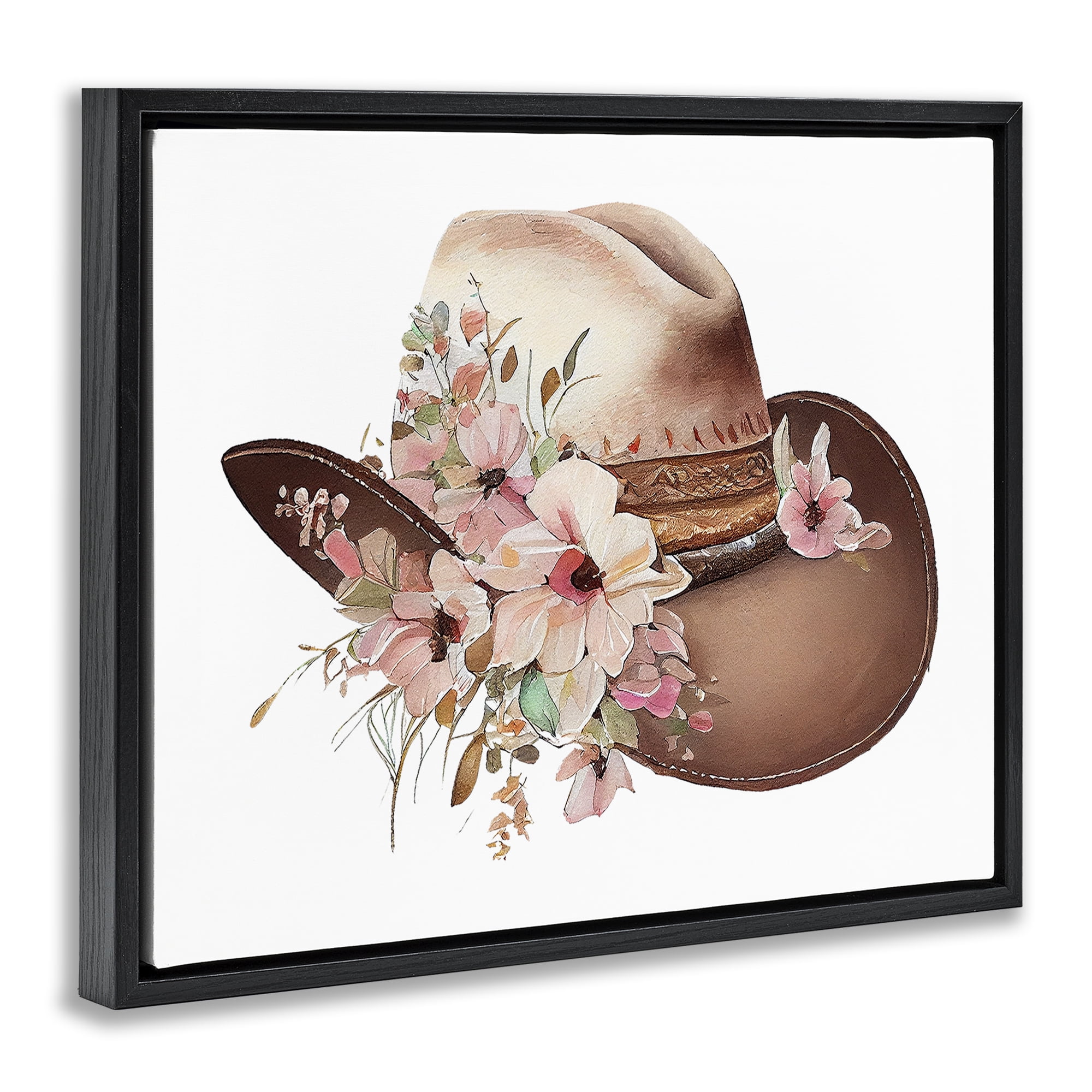 Stupell Industries Pink Floral Cowboy Hat Plants & Flowers Painting Black Floater Framed Canvas Art Print Wall Art, 21 x 17