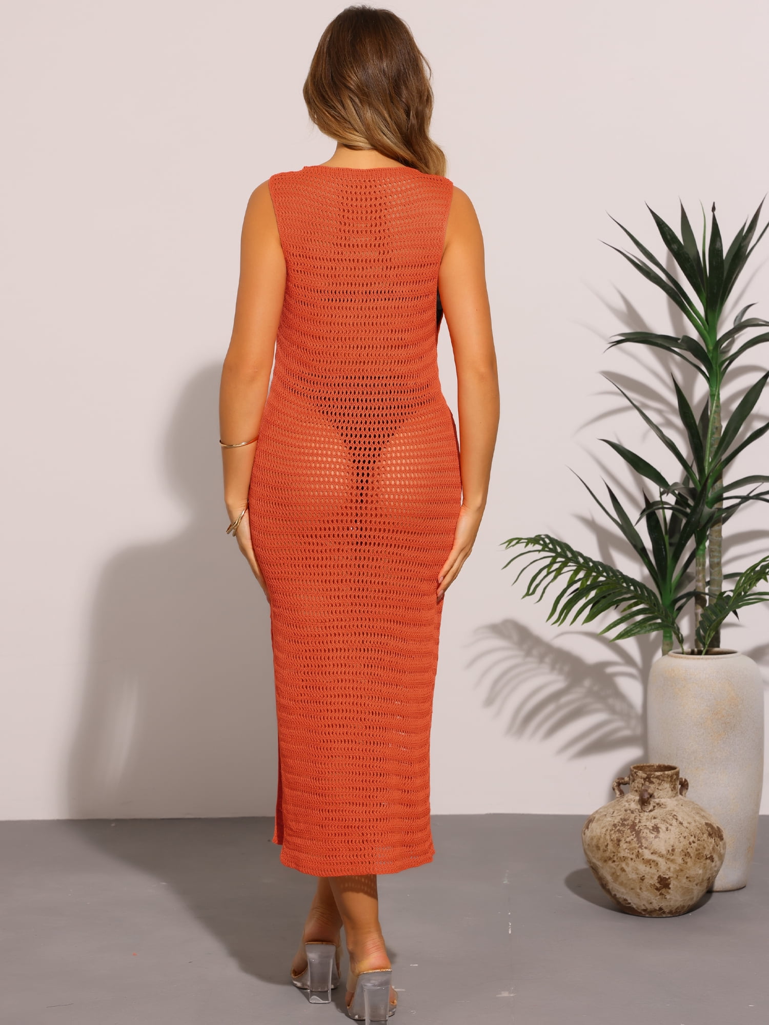 DARING DIVA Crochet Cover Ups Hollow Out Swimsuit Coverup Beach Dress S Orange