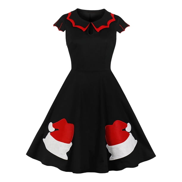 Navidad mujer vendaje Retro estampado manga corta noche cuello redondo fiesta graduación vestido Vintage Fridja qw3873